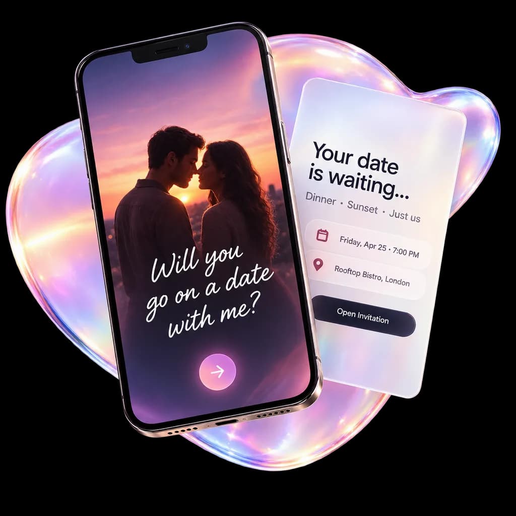 An invitation open on a phone, beside the card it produces